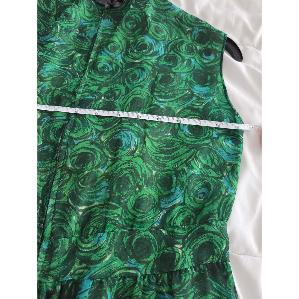 Vintage 60s Mod Psychedelic Swirl Dress Small Pockets Raw Silk Shantung Green - Picture 8 of 10